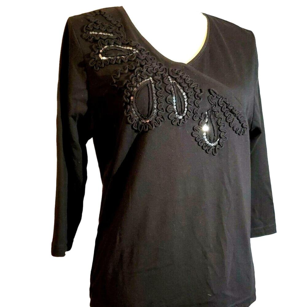 SML Sport Classic Knit Top Size Petite PL Teardrop Petal Black Sequin & Applique